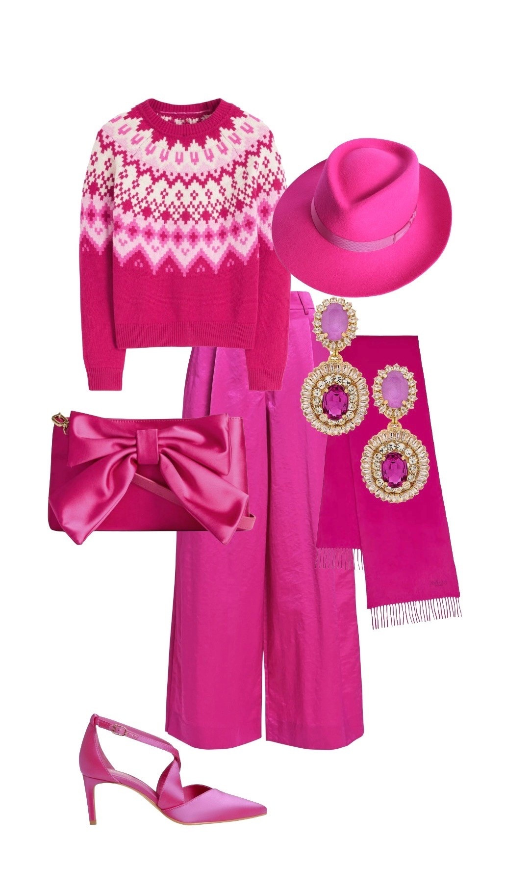 Happy Pink Wednesday 💖 🎉

It may be bright, but the NEW IN sexy pink satin trousers and soft fair isle jumper, combined with unapologetically pink accessories are still classy and chic enough for Margot Robbie (aka Barbie) to wear for a date night with Ken, drinks with the girls, or a Christmas party! These pieces won’t hang around so skip to it - you don’t have to be cold to be glamorous this autumn winter 💖💖💖

‘Mae’ Fair Isle Jumper - NEW at Boden

Fuchsia Spectrum Oval Statement Chandelier Earrings - Anton Heunis 

Pink Satin Wide-Leg Trousers - NEW at Essentiel Antwerp (see corduroy version for day time look)

Pink Satin ‘Maisey’ Bow Clutch & ‘Marissa’ Pink Satin Court Shoe Heels - NEW at Hobbs London

Solid Pink Merino Wool Scarf - NEW at Mulberry

Pink Fedora - Swaine (not on LTK)

#LTKuk #LTKdatenight #LTKshoes #LTKbag #LTKFashionMonth #LTKautumn #LTKeurope #LTKluxury