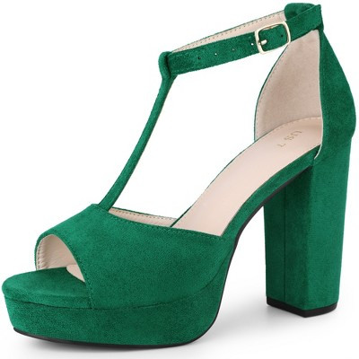BLISSFUL STEP Women's T-Strap Buckle Platform Chunky High Heel Sandals 7 Emerald Green | Target