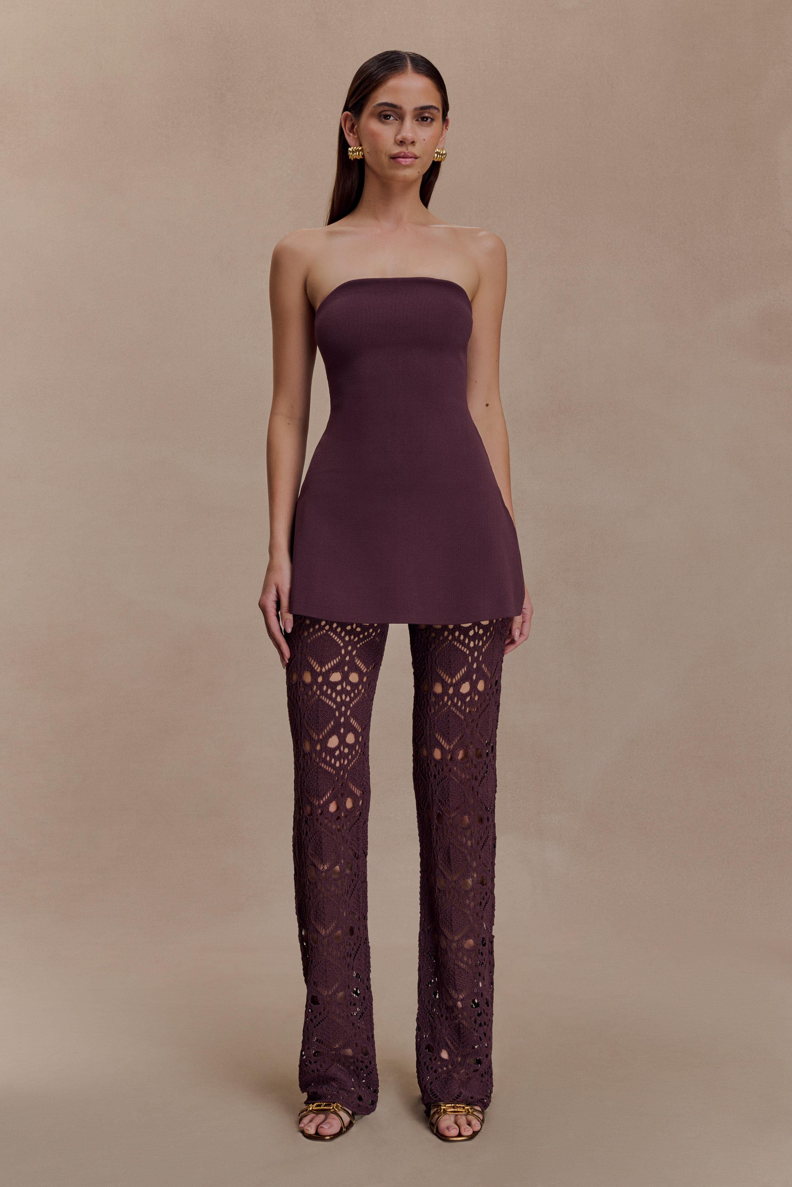 Bandage Knit Strapless Top - Chocolate | MESHKI US