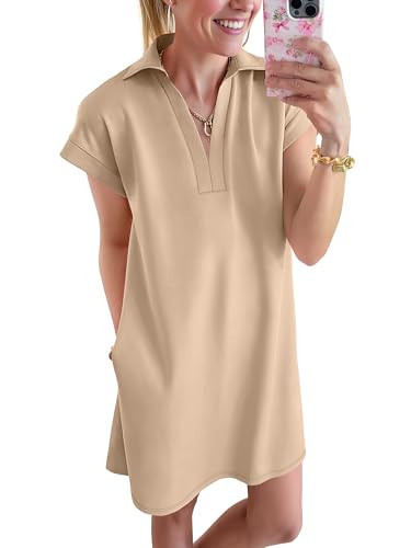 ANRABESS Women's 2026 Summer Collared V Neck Tshirt Dress Casual Cap Sleeve Spring Mini Vacation ... | Amazon (US)