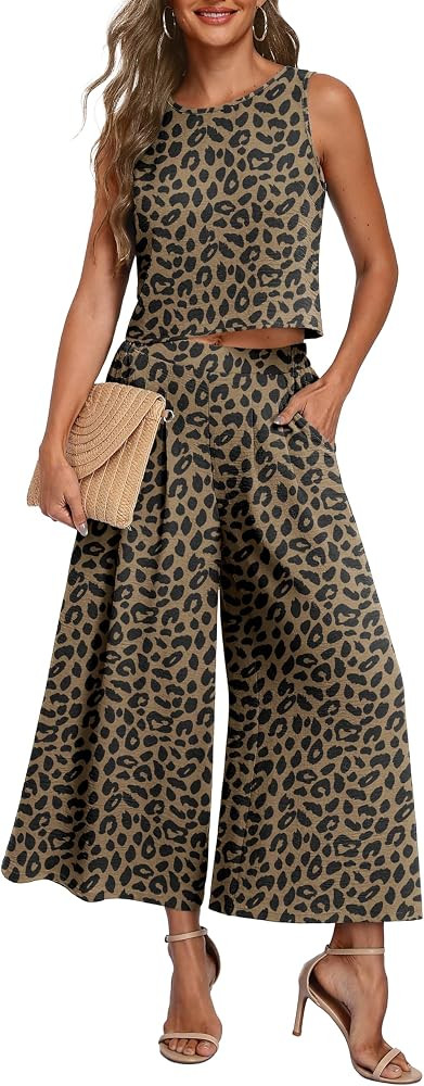 Lepunuo Womens Summer 2 Piece Outfits Flowy Wide Leg Pants Matching Sets | Amazon (US)
