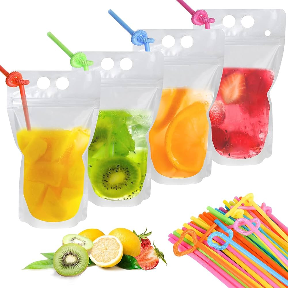 100PCS Drink Pouches with 100 Drink Straws, Reusable Smoothie Bags Juice Pouches, Heavy Duty Hand... | Amazon (US)