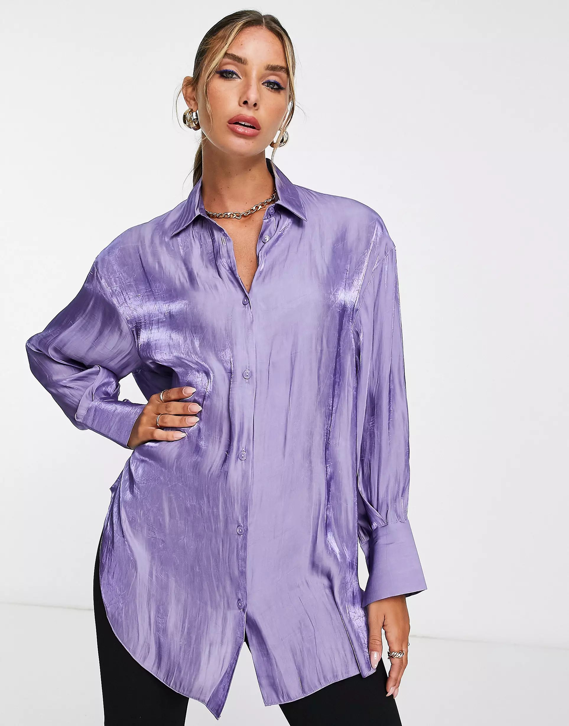 ASOS DESIGN oversized metallic shirt with volume sleeve and deep cuff in purple | ASOS (Global)