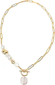 Gold Cuban Chain Necklace Baroque Pearl Necklace 14K Gold Plated Rose Gold Plated Freshwater Pear... | Amazon (US)