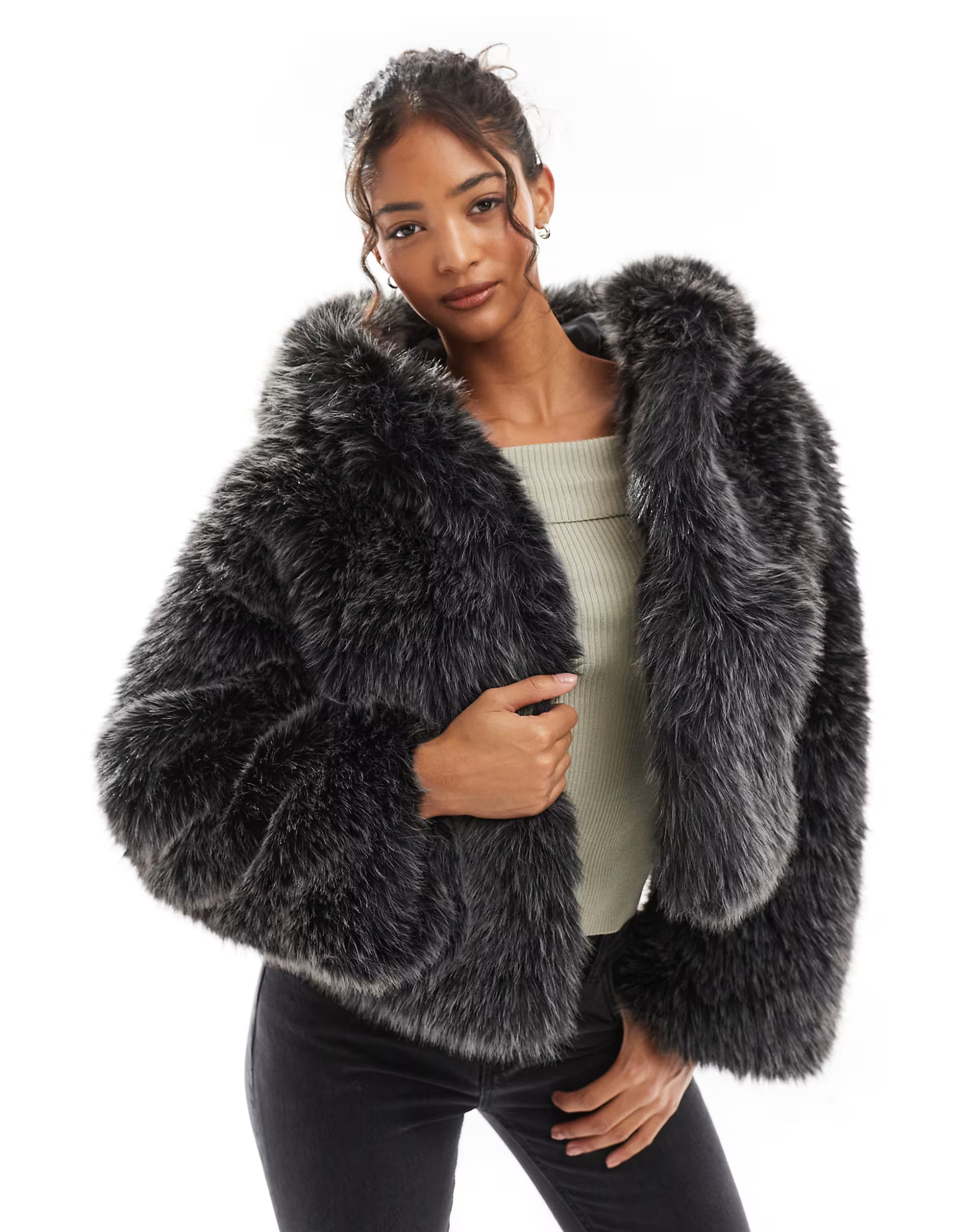 Bershka plush fur hooded jacket in grey | ASOS (Global)