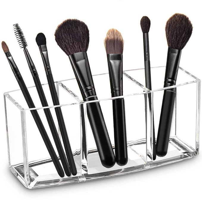 Watpot Acrylic Makeup Brush Organizer Holder Clear Cosmetic Brushes Storage with 3 Slots | Amazon (US)