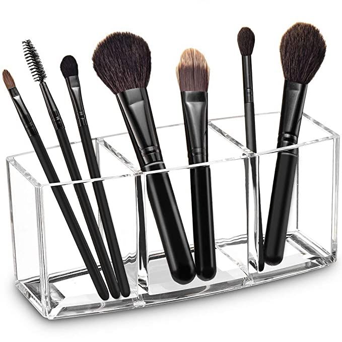 Acrylic Makeup Brush Organizer Holder Clear Cosmetic Brushes Storage with 3 Slots | Amazon (US)