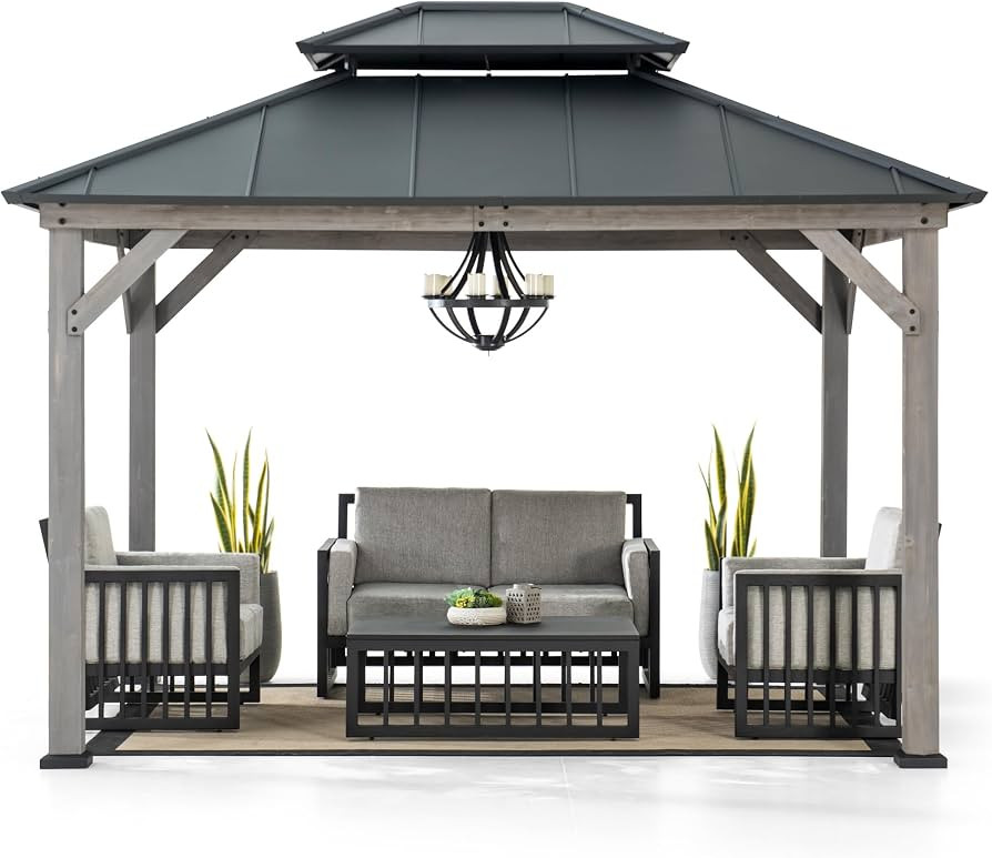 Sunjoy 10 x 12 ft. Wood Gazebo, Outdoor Patio Steel Hardtop Gazebo, Cedar Framed Wooden Gazebo wi... | Amazon (US)