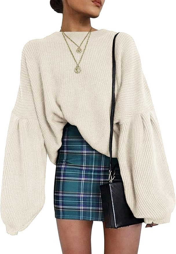 PRETTYGARDEN Women's Oversize Sweaters Loose Drop Shoulder Lantern Sleeve Round Neck Fashion Pull... | Amazon (US)