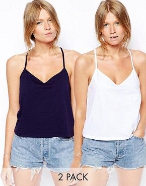 ASOS Cropped Cami Top with V Neck 2 Pack SAVE 20% - Navy/white | ASOS UK