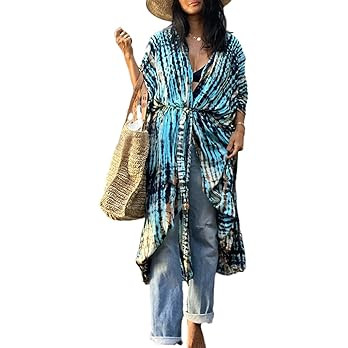 Bsubseach Stylish Tie Dye Open Front Long Kimono Swimsuit Cover Up for Women Swimwear Cover Ups | Amazon (US)