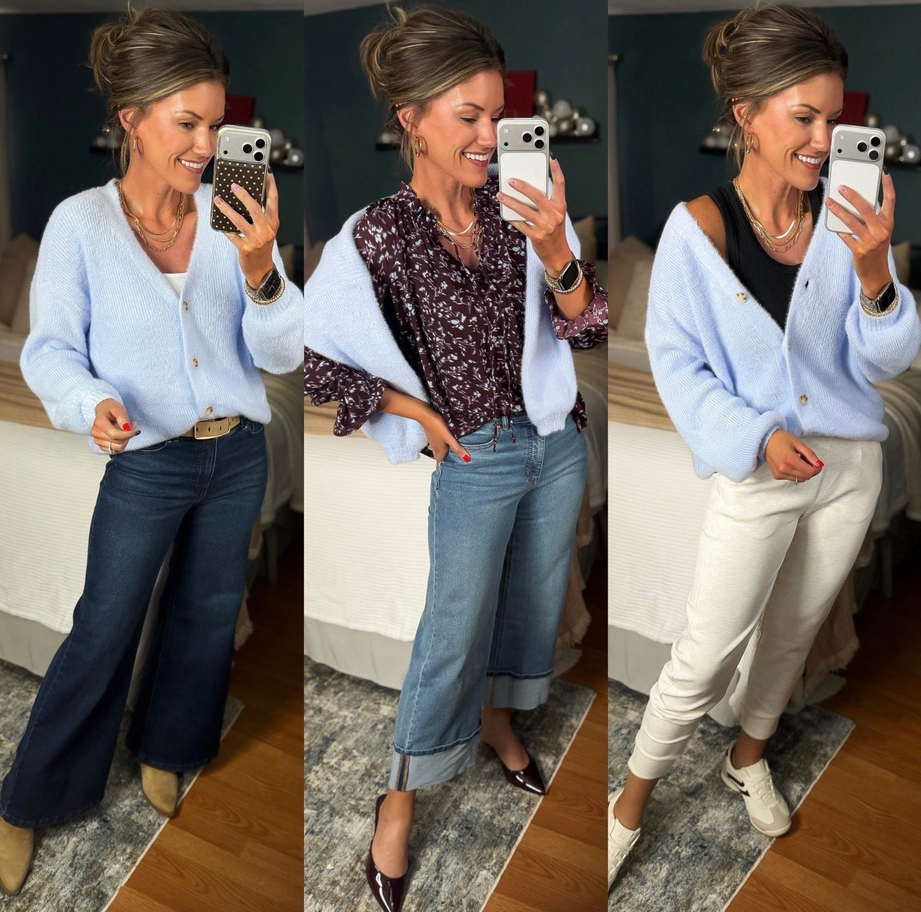 Styling this super soft, beautiful blue (less than $20) cardigan 3 ways. 
Cardigan small
Jeans/8
Top/smalll
Joggers/ small

#LTKootd #LTKWorkwear #LTKmomlife