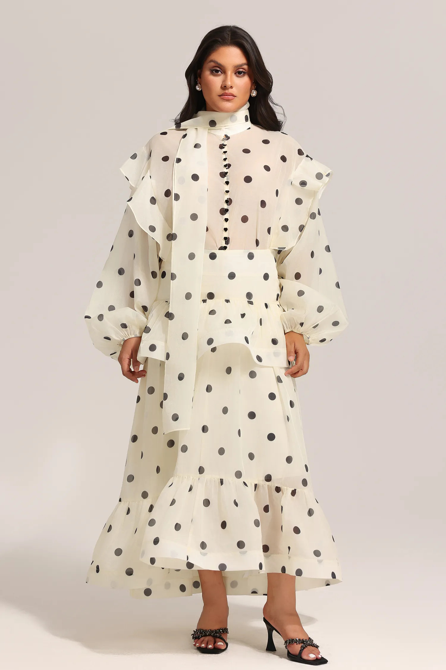 Rode Dot Printed Folds Long Sleeves Top And Skirt Two-Piece Set | Bellabarnett Affiliate Marketing