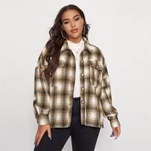 Plus Drop Shoulder Flap Pocket Tartan Shacket | SHEIN