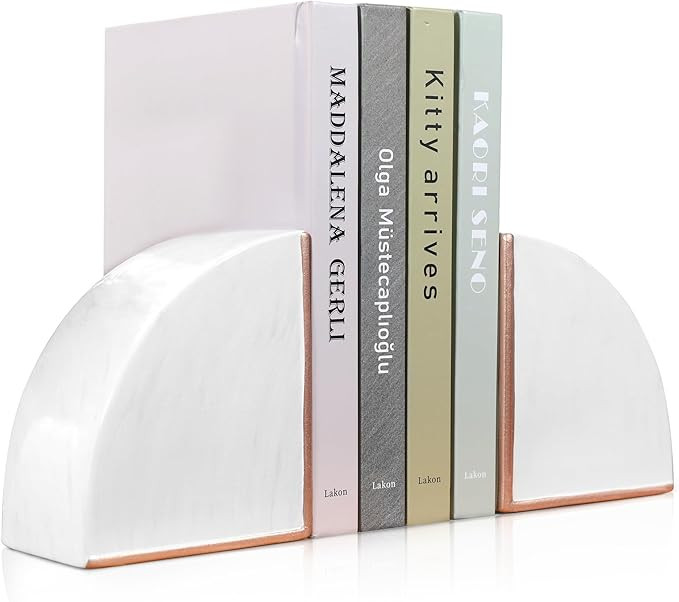Marble Pattern Style White with Rose Gold Ceramic Bookends, Decorative Ceramic Book Ends for Shel... | Amazon (US)