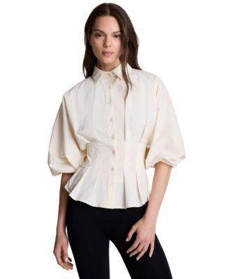 Kenneth Cole Women's Pleated Button-Front Peplum Shirt - Oyster | Macy's