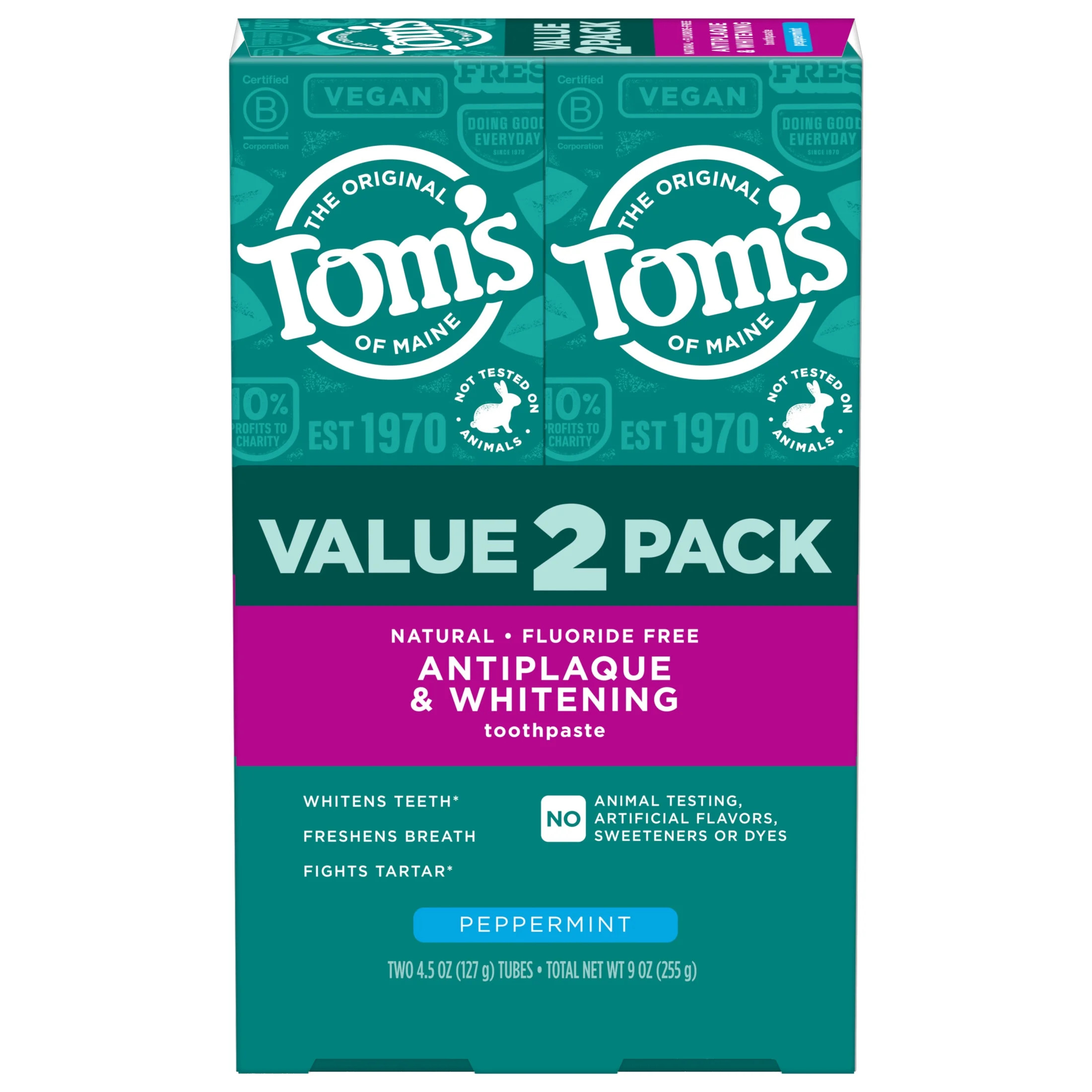 Tom’s of Maine Antiplaque and Whitening Fluoride Free Toothpaste, Peppermint, 2 Pack, 4.5 Oz | Walmart (US)