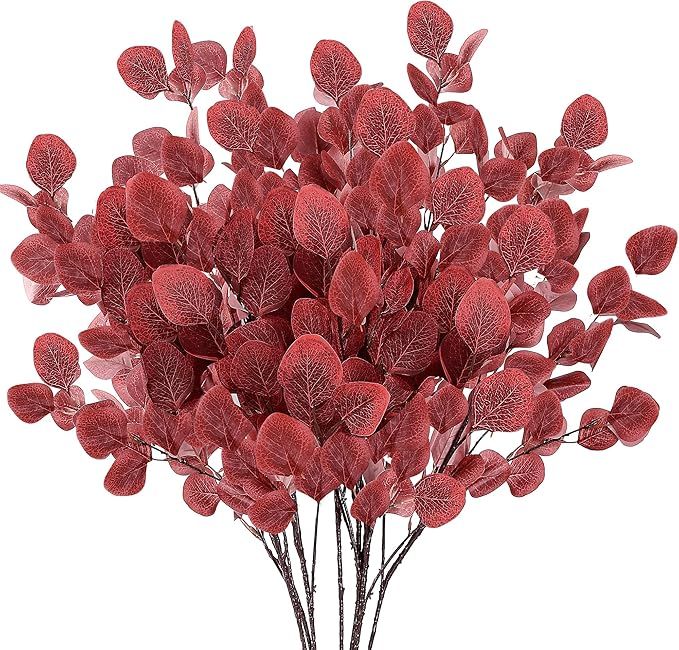 Sggvecsy Artificial Eucalyptus Leaves, 6 Pieces, 35.43 Inch Long, Red Color, Plastic and Silk Mat... | Amazon (US)