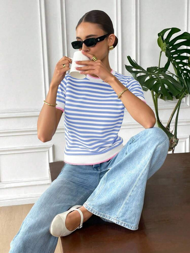 Serisse Women's Round Neck Striped Print Short Sleeve Knit Top For Summer,Knitted Sweater | SHEIN