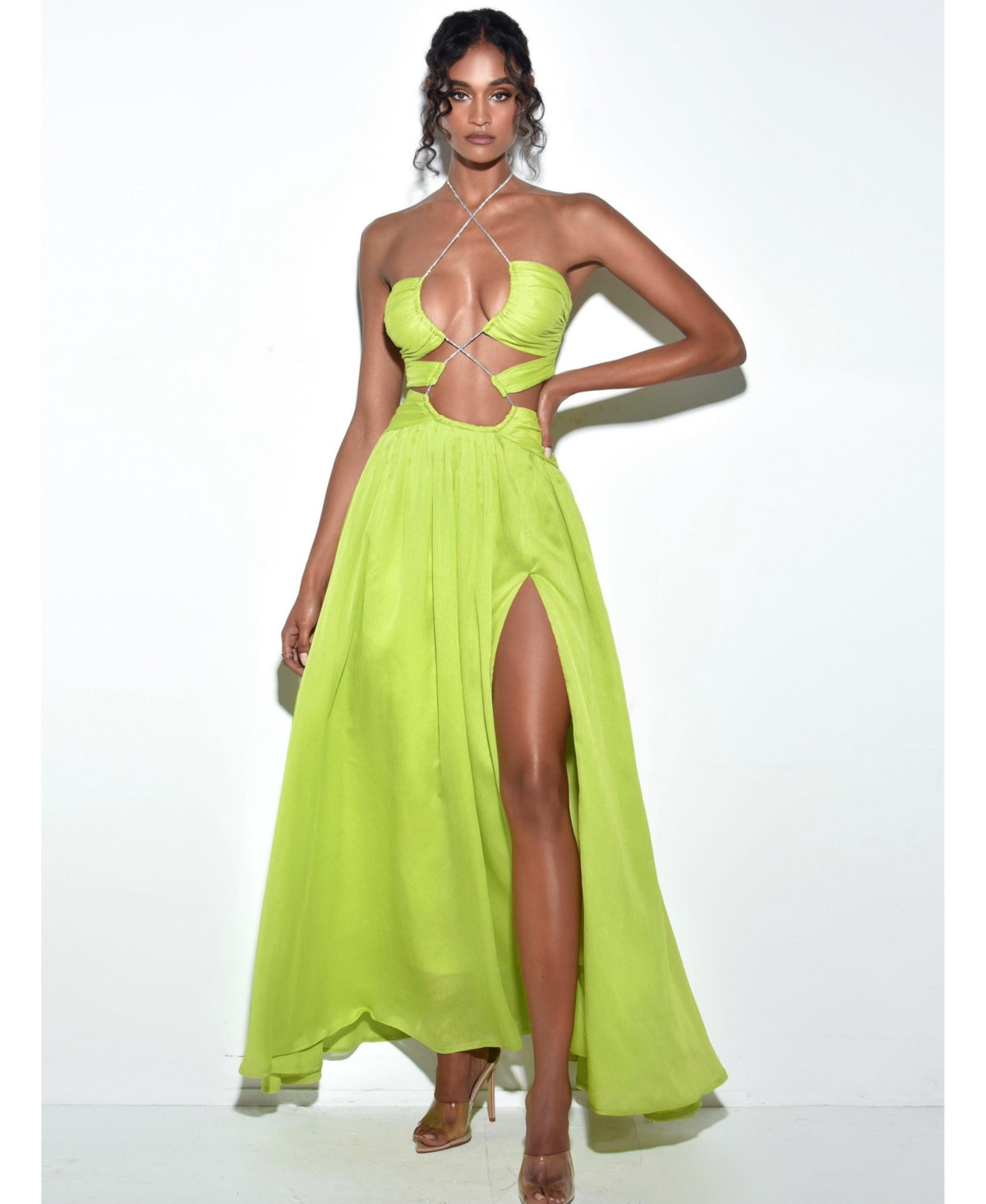 Miss Circle Women's Quinby Lemon Chiffon Pleated Lace Up Maxi Dress - Lime green | Macy's