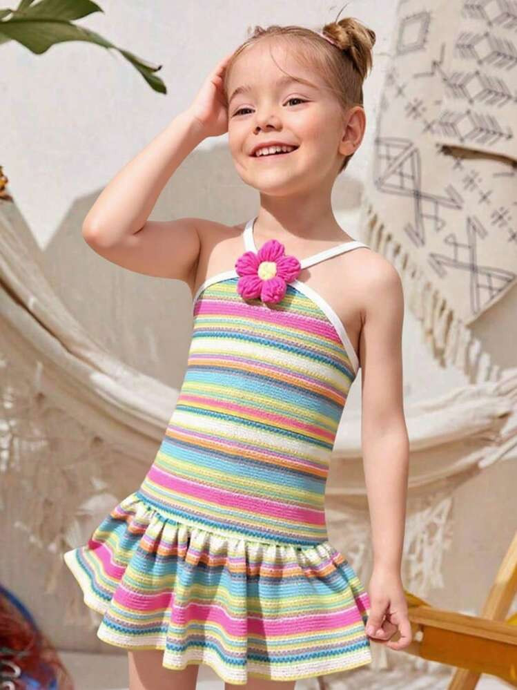 SHEIN Elladie kids Young Girl Summer Korean Style Cute Tie Shoulder Rainbow Striped Backless Dres... | SHEIN