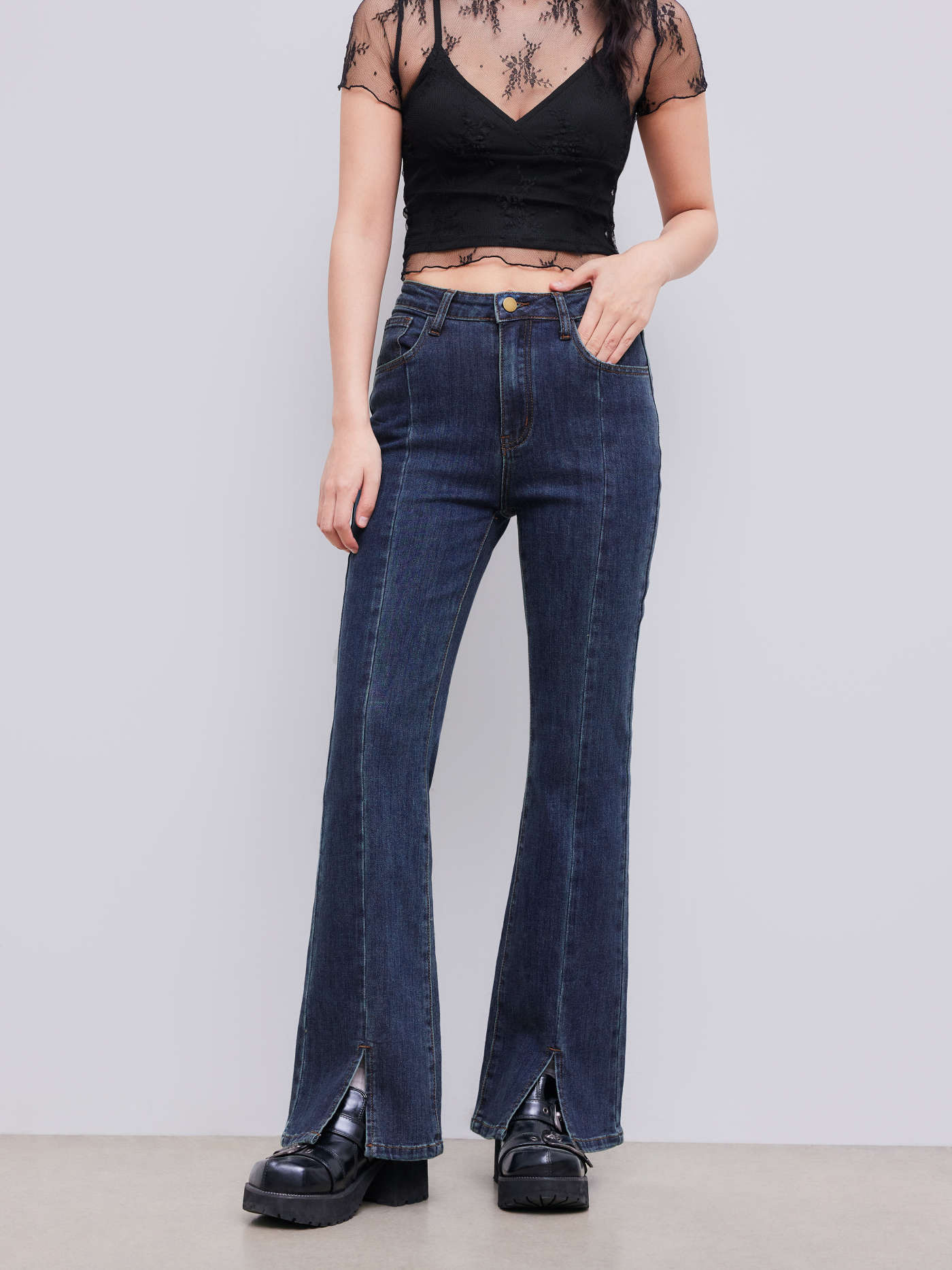 High Stretch Denim High Waist Solid Flared Jeans | Cider