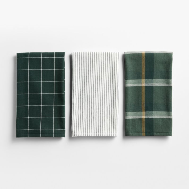 Holiday Green Plaid and Stripe Organic Cotton Kitchen Towels, Set of 3 | Crate & Barrel