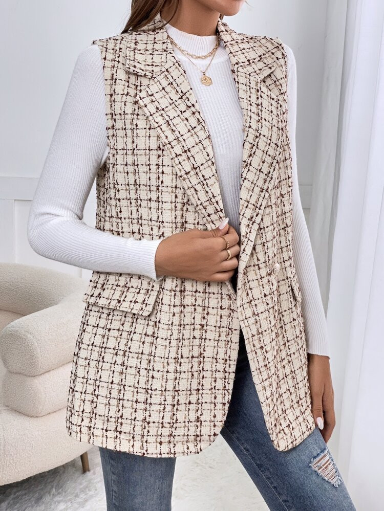 SHEIN Frenchy Plaid Pattern Lapel Neck Double Breasted Vest Blazer | SHEIN
