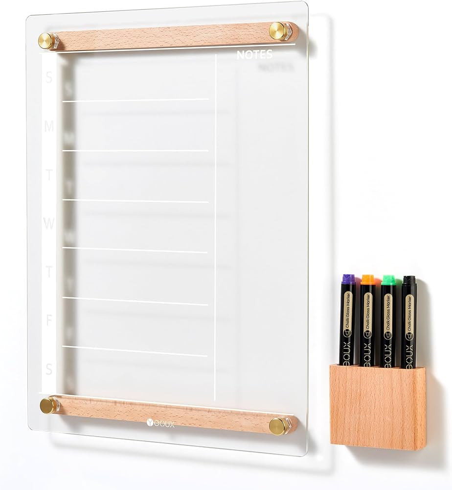 Clear Glass Weekly Dry Erase Calendar Whiteboard with Wood Decoration for Wall, Menu & Meal Plann... | Amazon (US)