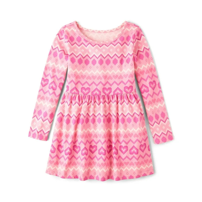 The Children's Place Girls Long Sleeve V-Day Heart Print Dress, Sizes XS-XXL - Walmart.com | Walmart (US)
