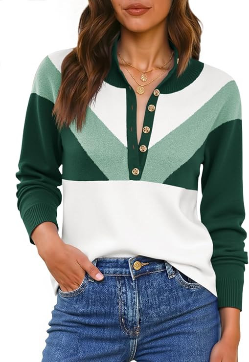 Saodimallsu Womens Color Block Sweaters Mock Neck Button Long Sleeve Knit Henley Shirts Loose Cas... | Amazon (US)