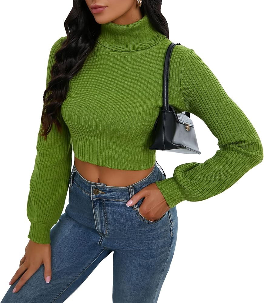 IWFEV Women's Sweater Turtleneck Long Sleeve Knit Pullover Tops Crop Top Shirt | Amazon (US)