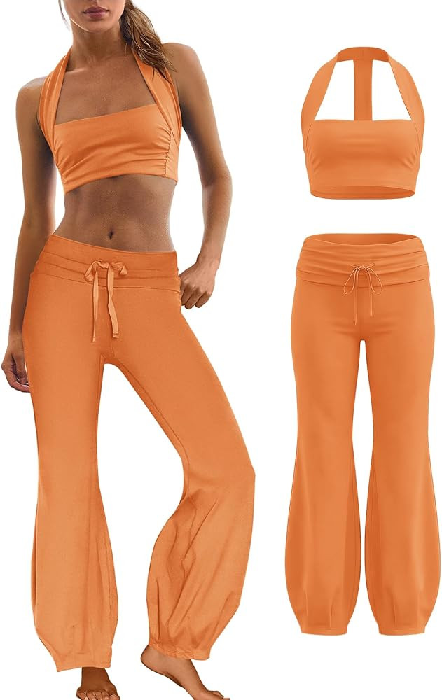 Panadila Women 2 Piece Yoga Sets Pilates Outfit Halter Sports Bra Fold Over Flare Leggings Matchi... | Amazon (US)