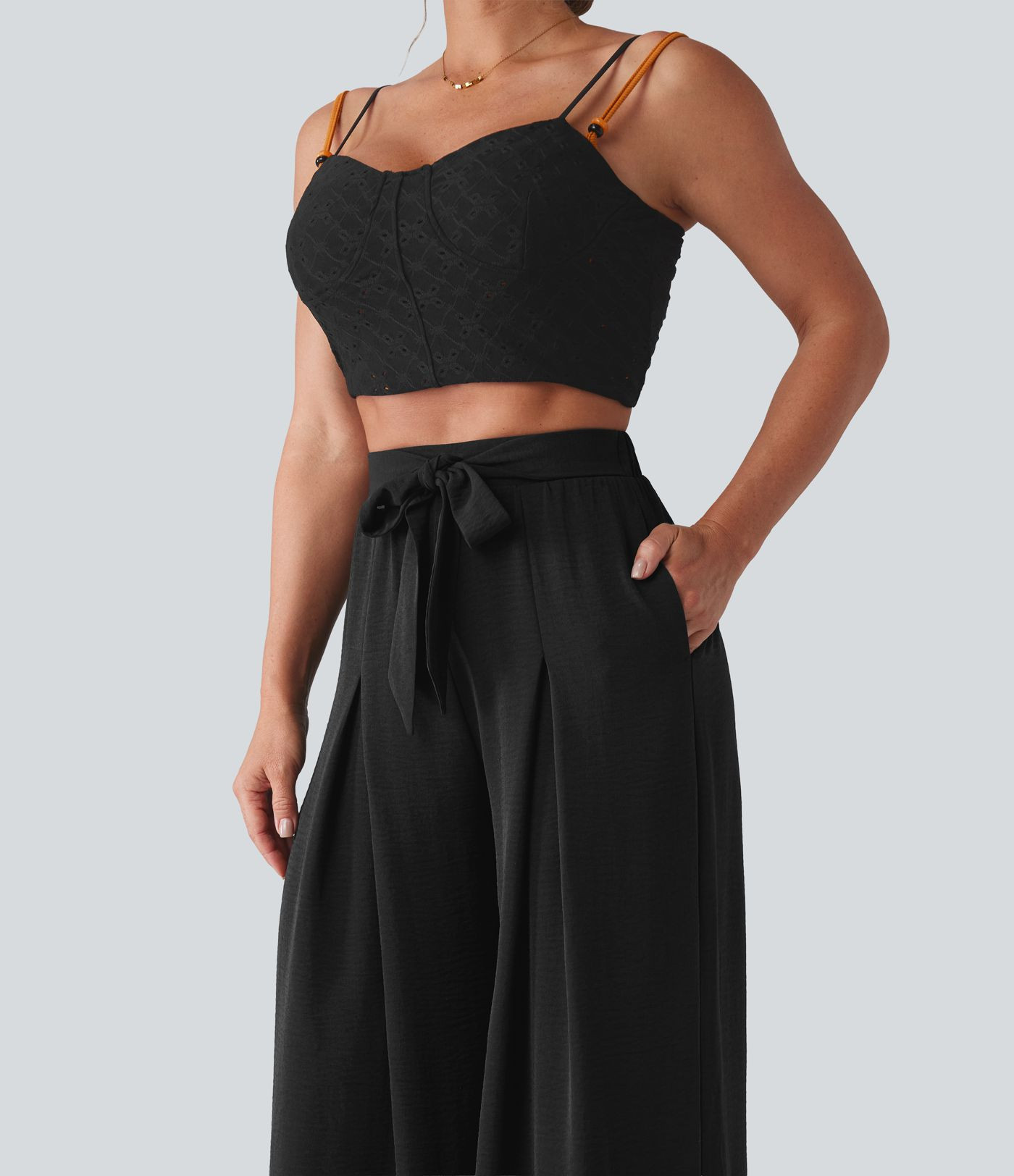 High Waisted Tie-front Linen-Feel Resort Baggy Pants with Pockets | HALARA