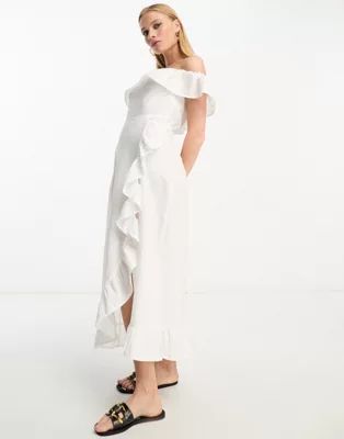 River Island textured bardot frill midi dress in white | ASOS (Global)