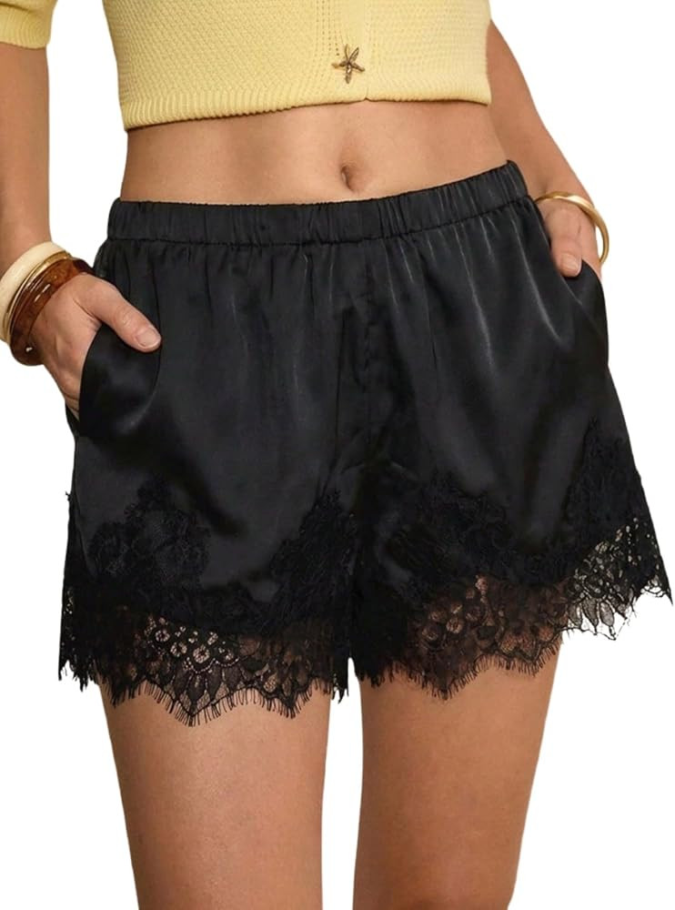 MakeMeChic Women's Lace Shorts Fall Silk Satin Shorts with Lace Trim | Amazon (US)