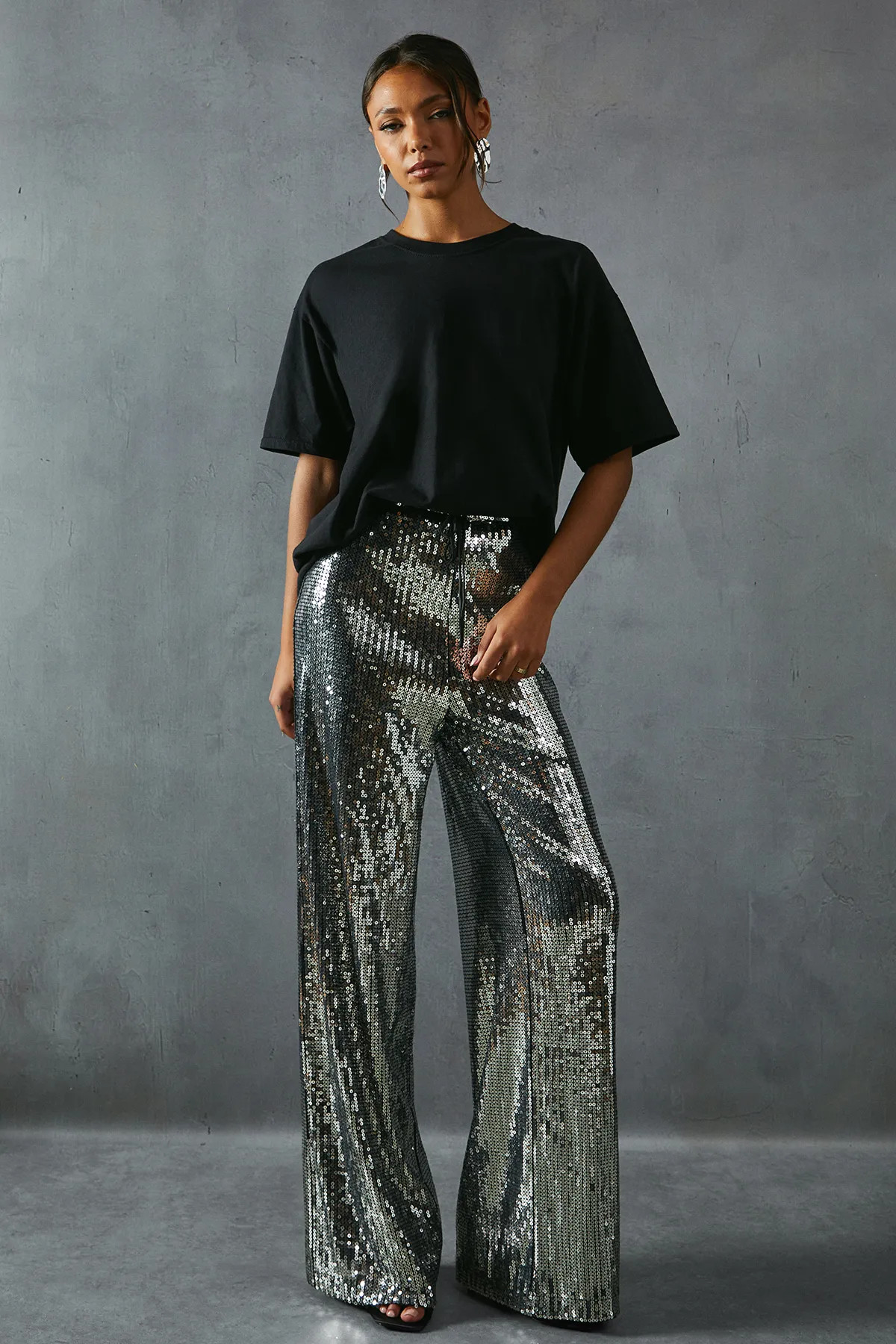 Trousers | Sequin Mid Rise Elastic Waist Wide Leg Trouser | MissPap | NastyGal UK