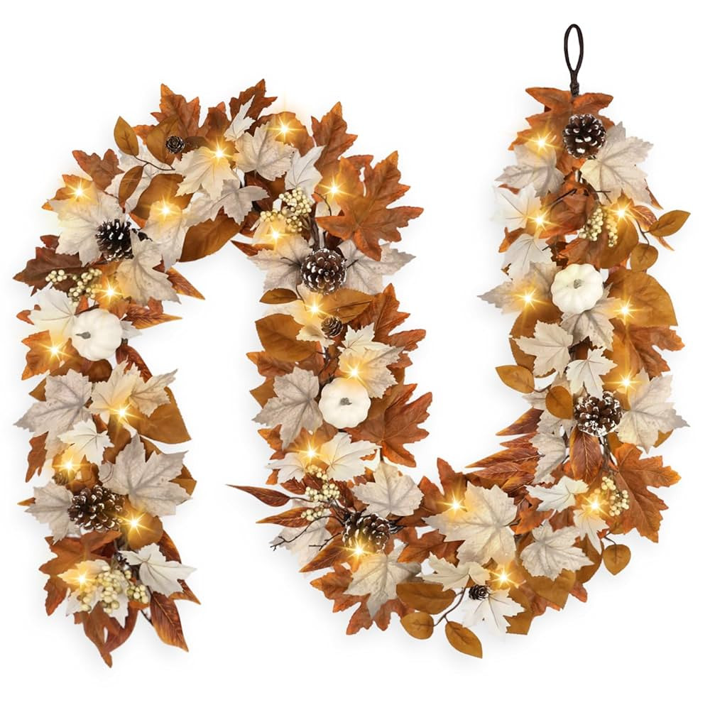 6 FT Fall Garland with Lights Automatic ON/Off Fall Leaves Mantle Garland with Pumpkins Berries P... | Amazon (US)