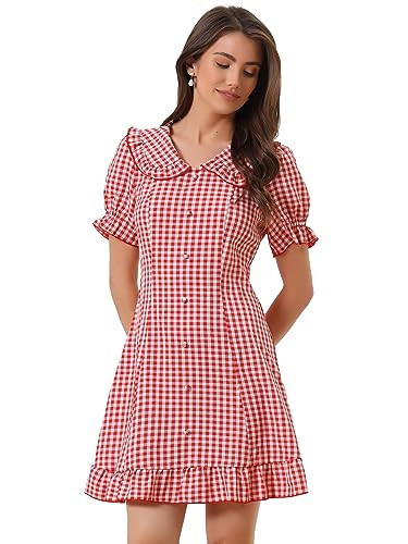 Allegra K Women's Gingham Checks Ruffled Peter Pan Collar 1960s Mini Dress Large Red | Amazon (US)