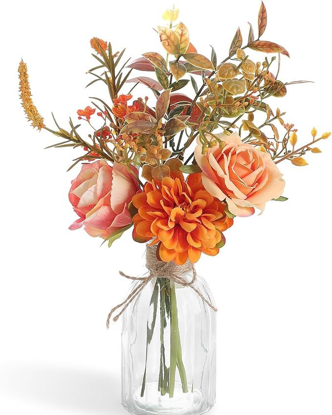 Small Artificial Flowers with Vase, Autumn Faux Silk Flowers Arrangement in Vase,Rustic Home Offi... | Amazon (US)