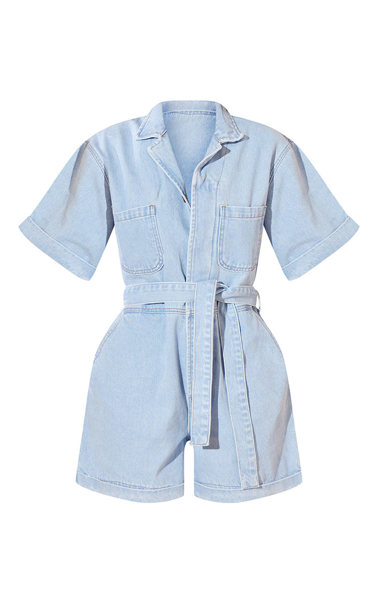 Light Blue Turn Up Hem Oversized Tie Waist Denim Romper | PrettyLittleThing US