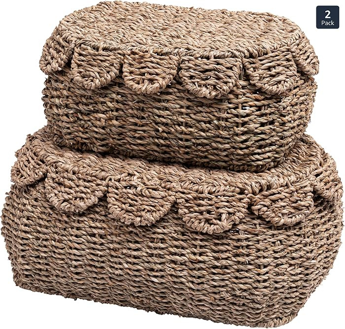 LUSYDECO Set of 2 Hand Round Wicker Storage Baskets, Rattan Basket Decorative Boxes, Woven Storag... | Amazon (US)