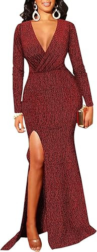 Women's Sexy Long Sleeve Sparkly Maxi Dress V Neck High Slit Wrap Formal Gown Cocktail Glitter Ma... | Amazon (US)