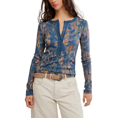 Free People Jamie Printed Henley Tee in Floral Haze - Navy at Nordstrom, Size Small | Nordstrom