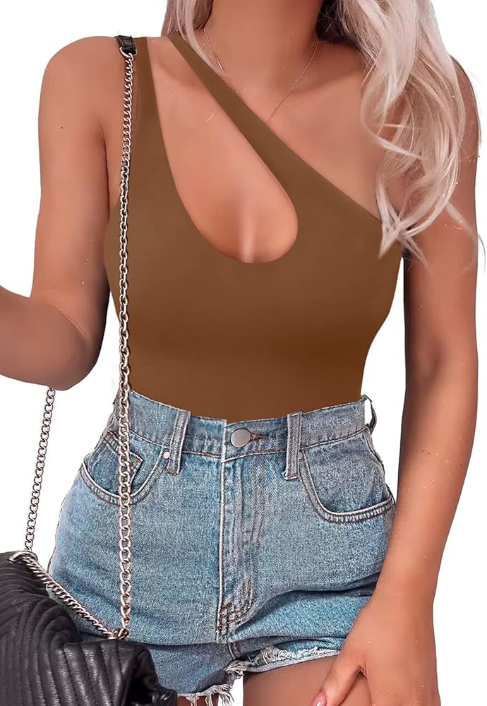 SAUNGKUAI Women's Sexy One Shoulder Sleeveless Cutout Thong Bodysuit Tank Top Body Suits V Backle... | Amazon (US)