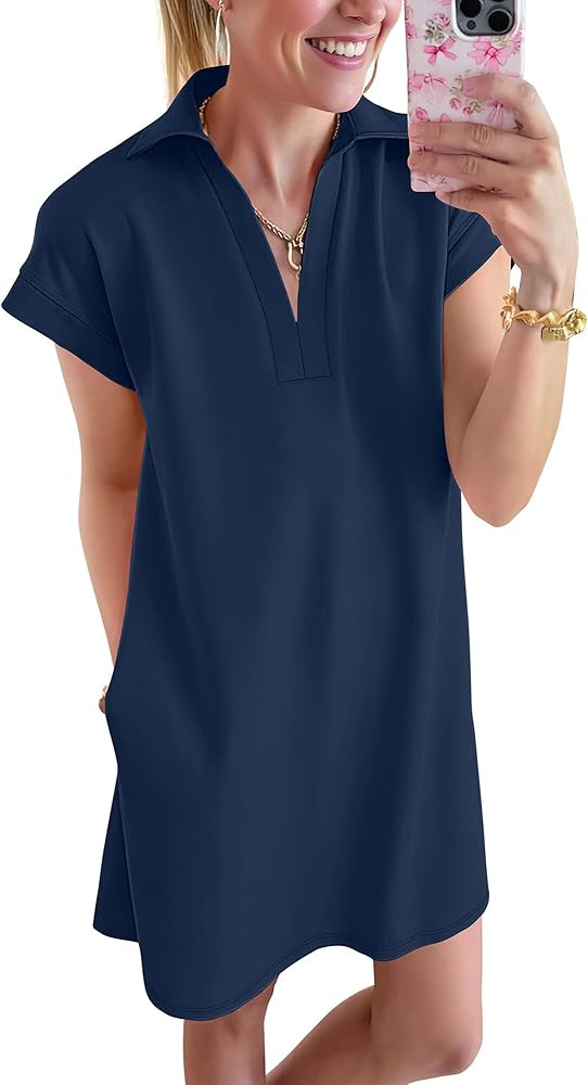 ANRABESS Women's 2026 Summer Collared V Neck Mini Dress Casual Cap Sleeve Spring Trendy Short Tsh... | Amazon (US)