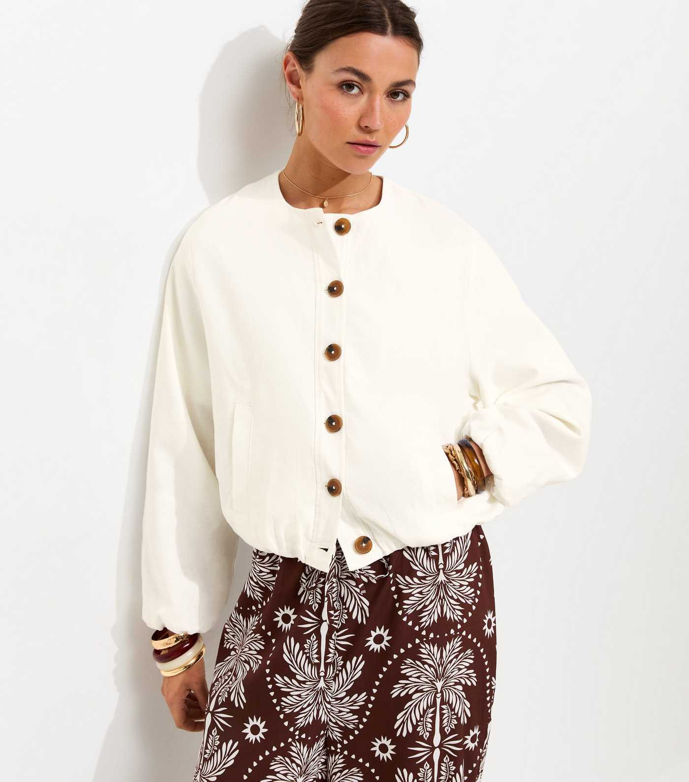 White Linen Blend Button Through Bomber Jacket | New Look | New Look (UK)