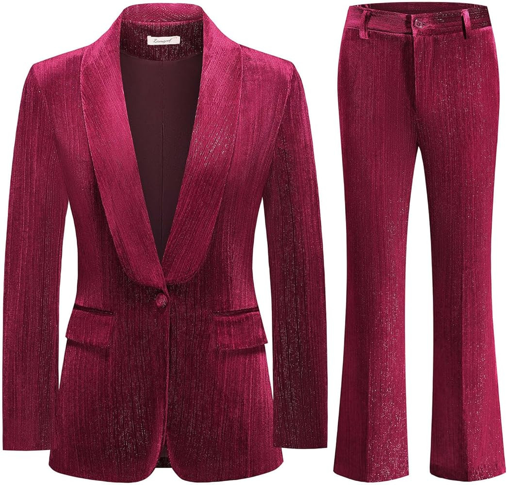 Lamgool Women Pantsuit Dressy Silver Thread Velvet 2 Piece Suit Set Blazer and Flared Pants | Amazon (US)