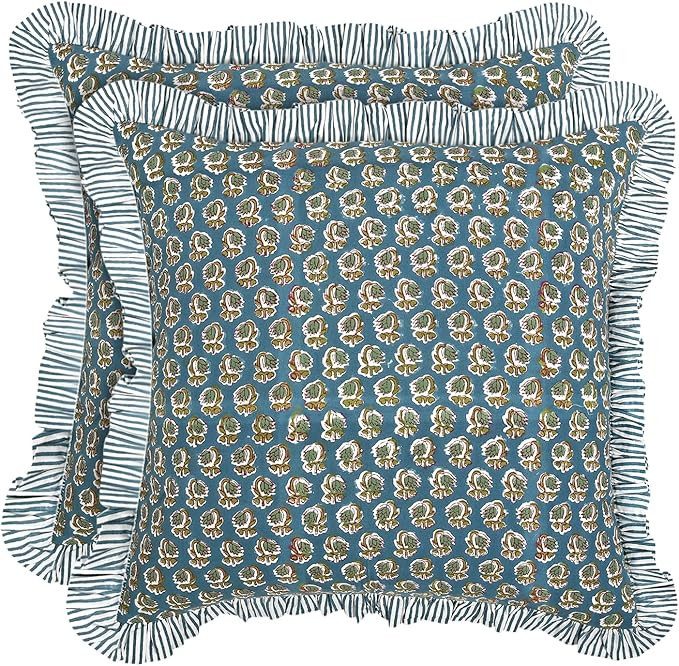Ridhi Modern Farmhouse Pillow Covers Decorative Cotton Throw Pillow Covers Set of 2 Aquamarine Bl... | Amazon (US)