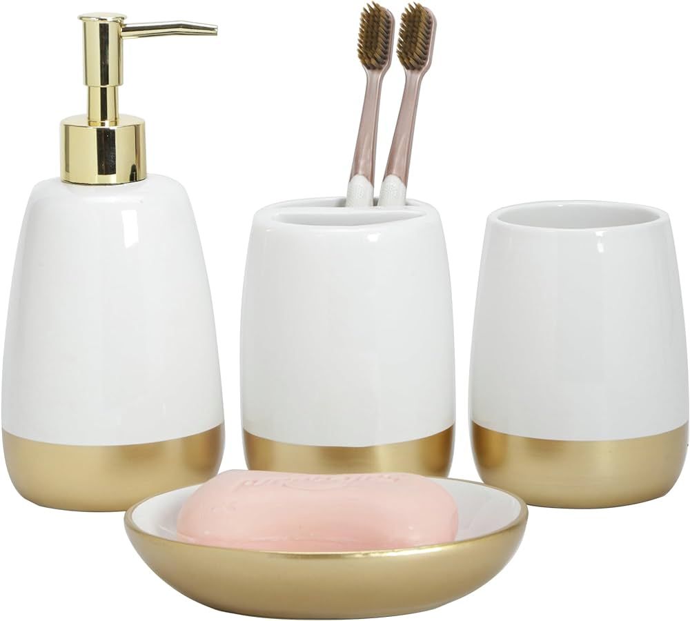 Elegant White with Gold Bathroom accesory Set 4pc,Toothbrush Holder soap Dispenser soap Dish Tumb... | Amazon (US)